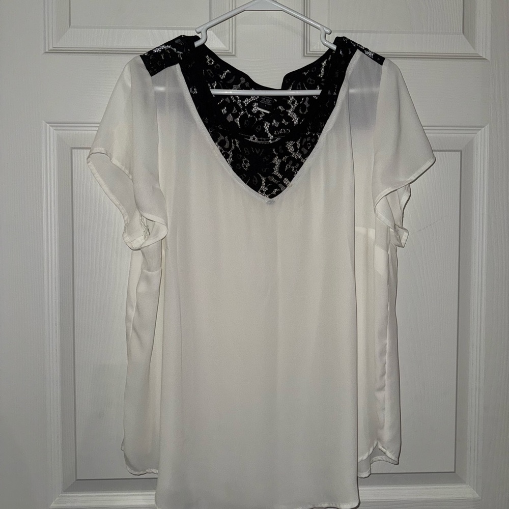 Torrid White Blouse with Black Lace Detail